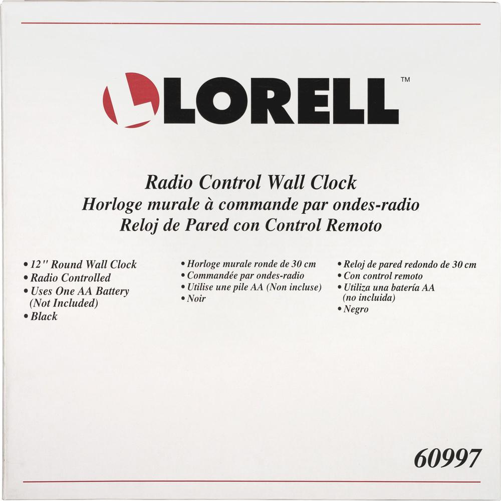 Lorell 12" Round Radio-Controlled Wall Clock - Analog - Quartz - White Main Dial - Black/Plastic Case. Picture 3