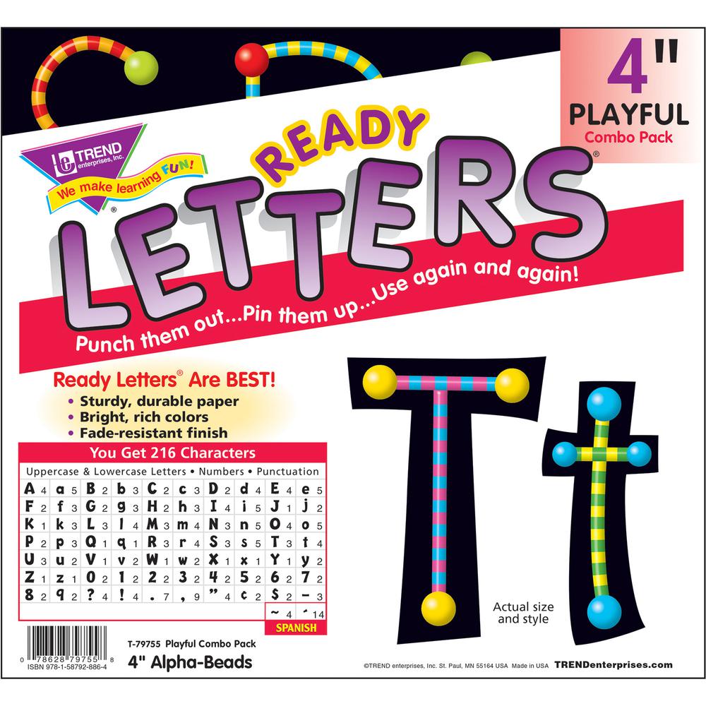 Trend 4" Ready Letter Alphabeads - 59 x Uppercase Letters, 20 x Numbers, 38 x Punctuation Marks, 83 x Lowercase Letters, 18 x Spanish Accent Mark Shape - Pin-up - 4" Height x 8" Length - Assorted - 1 . Picture 3