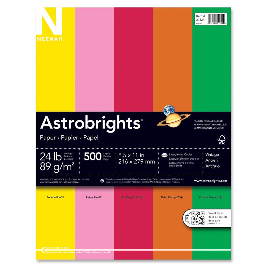 Astrobrights Color Paper - "Vintage" 5-Color Assortment - Letter - 8 1/2" x 11" - 24 lb Basis Weight - 500 / Ream - FSC. Picture 2