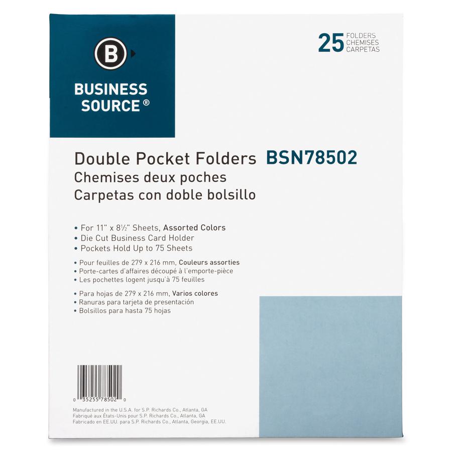 Business Source Letter Recycled Pocket Folder - 8 1/2" x 11" - 100 Sheet Capacity - 2 Internal Pocket(s) - Paper - Assorted - 35% Recycled - 25 / Box. Picture 3