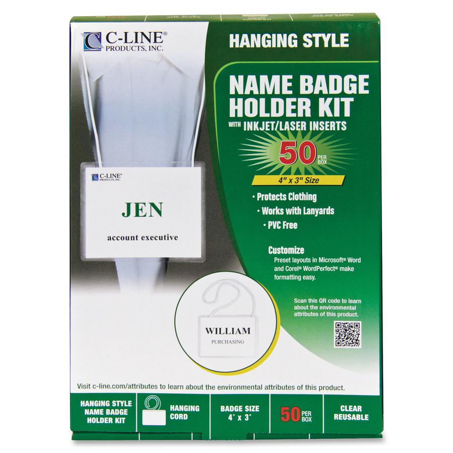 C-Line Biodegradable Hanging Style Name Badge Holder Kit - Sealed Holders with Inserts, White Cords, 4 x 3, 50/BX, 97043. Picture 3