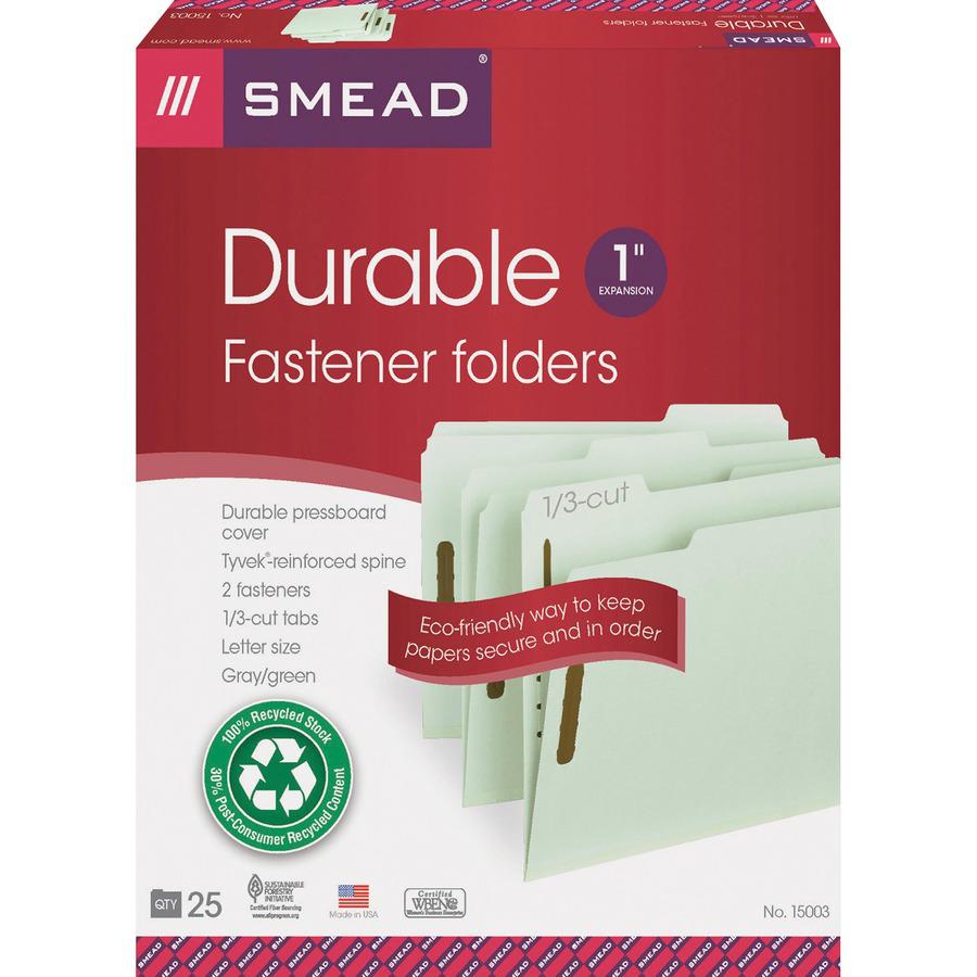 Smead 1/3 Tab Cut Letter Recycled Fastener Folder - 8 1/2" x 11" - 1" Expansion - 2 x 2K Fastener(s) - 2" Fastener Capacity for Folder - Top Tab Location - Right of Center Tab Position - Pressboard - . Picture 9