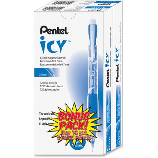 Pentel Icy Mechanical Pencil - #2 Lead - 0.7 mm Lead Diameter - Refillable - Translucent Blue Barrel - 24 / Pack. Picture 2
