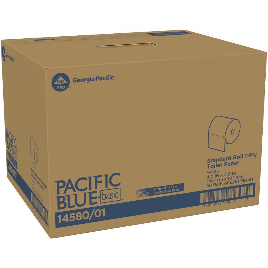 Pacific Blue Basic Basic Standard Roll Toilet Paper by GP Pro - 1 Ply - 4" x 4.05" - 1210 Sheets/Roll - White - 80 / Carton. Picture 3