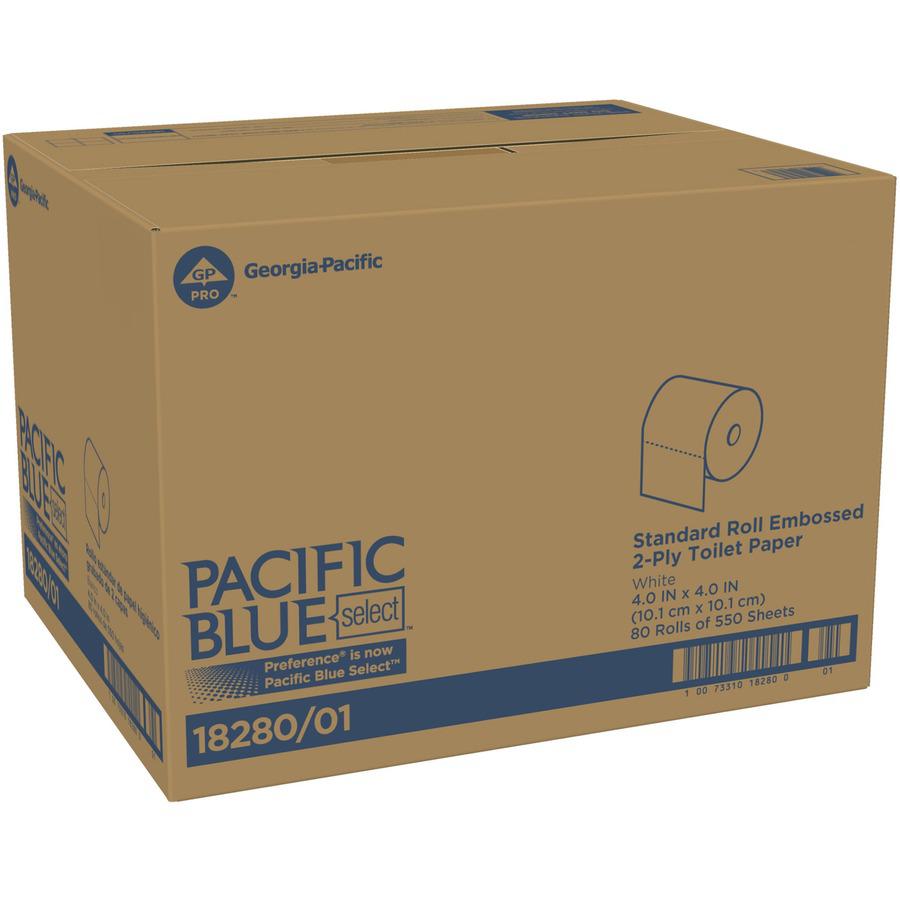 Pacific Blue Select Standard Roll Embossed Toilet Paper - 2 Ply - 4" x 4.05" - 550 Sheets/Roll - White - Durable, Absorbent - For Restroom - 80 / Carton. Picture 3