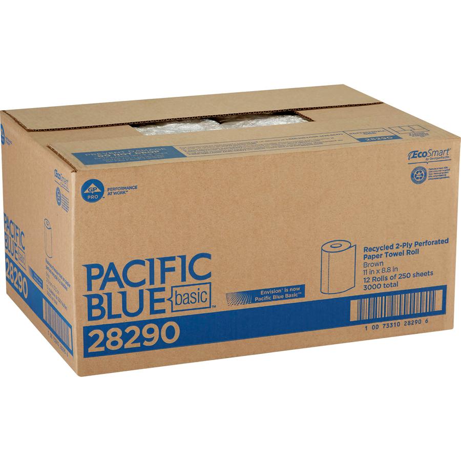 Pacific Blue Basic Recycled Perforated Paper Roll Towel - 2 Ply - 11" x 8.80" - 250 Sheets/Roll - Brown - 250 - 3000 / Carton. Picture 2