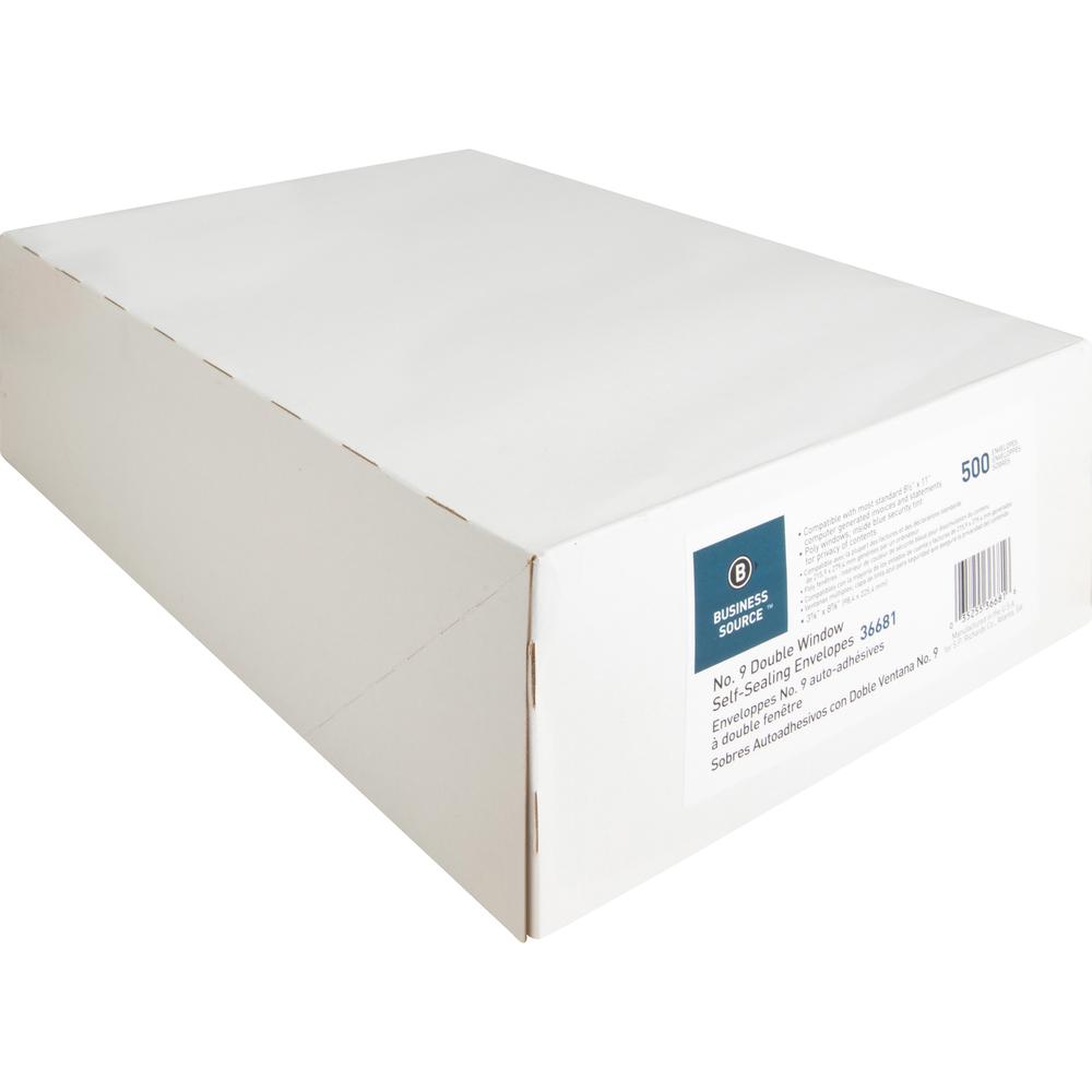 Business Source No. 9 Double Window Invoice Envelopes - Double Window - #9 - 8 7/8" Width x 3 7/8" Length - 24 lb - Self-sealing - 500 / Box - White. Picture 5