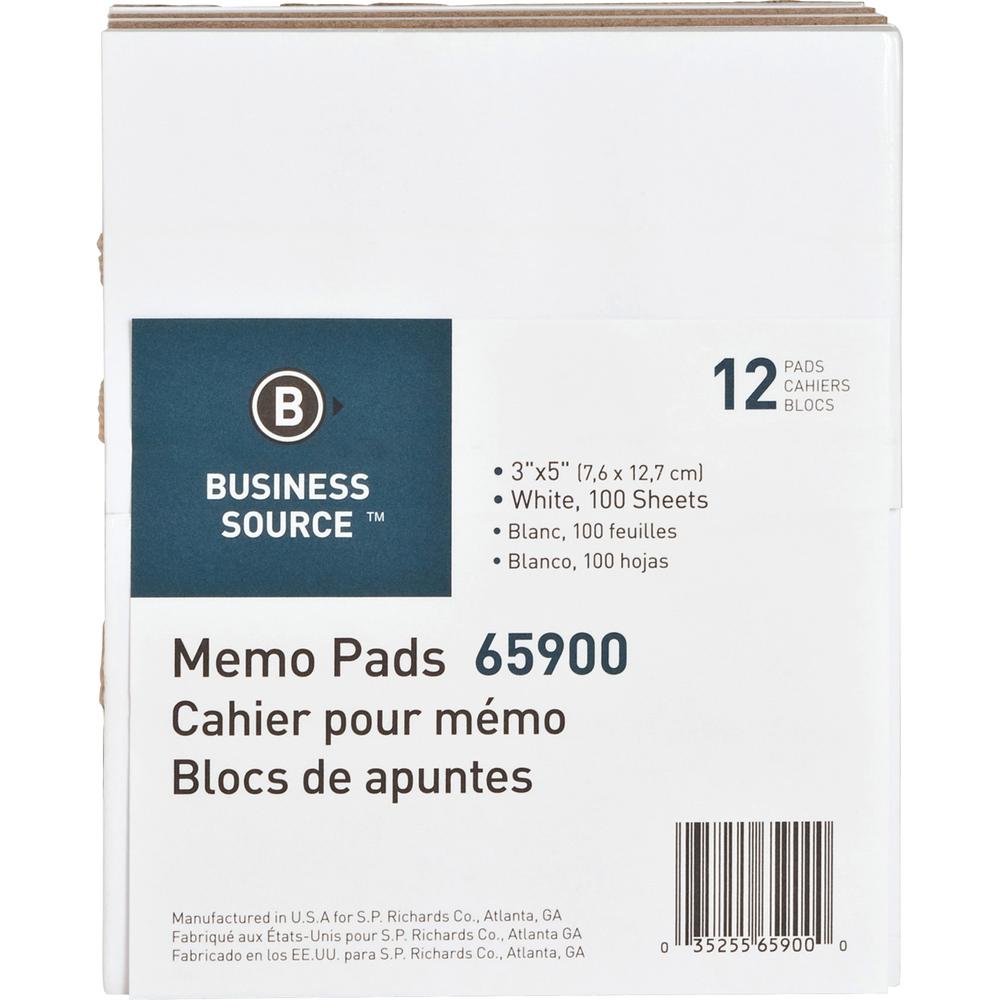 Business Source Plain Memo Pads - 100 Sheets - Plain - Glued - Unruled - 15 lb Basis Weight - 3" x 5" - White Paper - Chipboard Backing - 1 Dozen. Picture 3