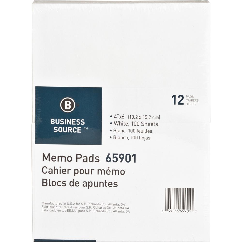 Business Source Plain Memo Pads - 100 Sheets - Plain - Glued - Unruled - 15 lb Basis Weight - 4" x 6" - White Paper - Chipboard Backing - 1 Dozen. Picture 2