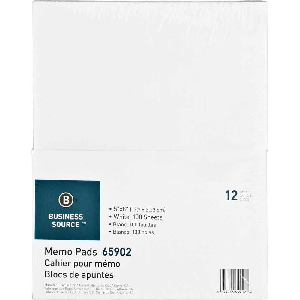 Business Source Plain Memo Pads - 100 Sheets - Plain - Glue - 16 lb Basis Weight - 5" x 8" - White Paper - 12 / Dozen. Picture 2