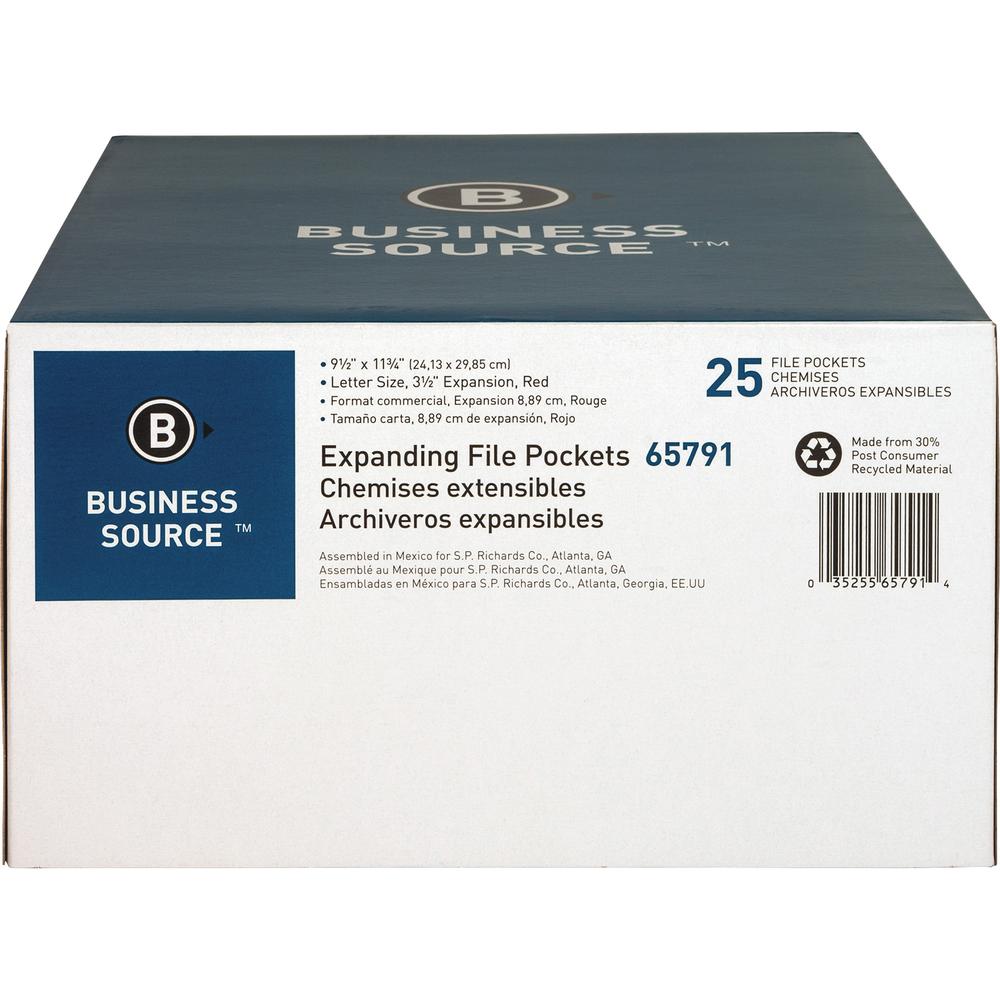 Business Source Straight Tab Cut Letter Recycled File Pocket - 8 1/2" x 11" - 3 1/2" Expansion - Redrope - Redrope - 30% Recycled - 25 / Box. Picture 6