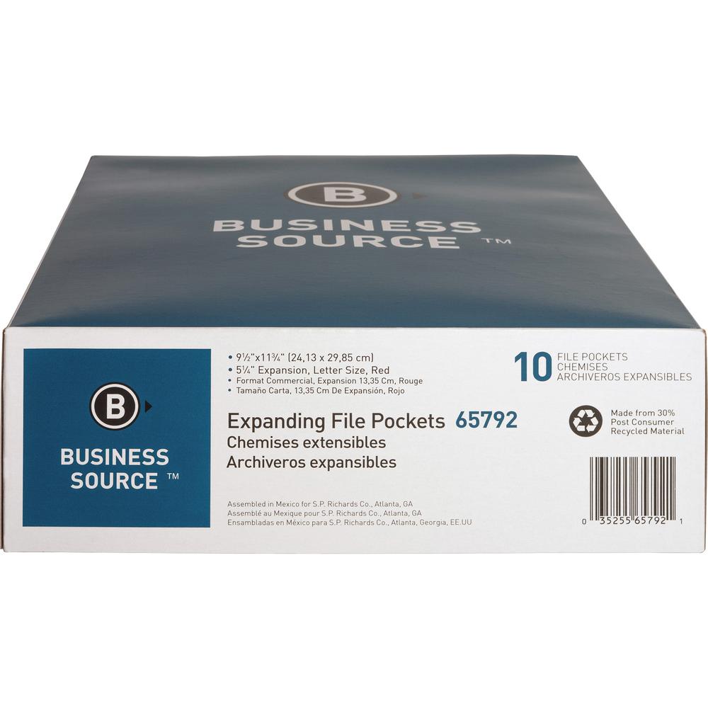 Business Source Straight Tab Cut Letter Recycled File Pocket - 8 1/2" x 11" - 1200 Sheet Capacity - 5 1/4" Expansion - Redrope - 30% Recycled - 10 / Box. Picture 7
