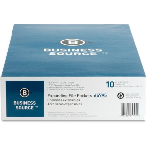 Business Source Legal Recycled File Pocket - 8 1/2" x 14" - 5 1/4" Expansion - Redrope - Redrope - 30% Recycled - 10 / Box. Picture 8