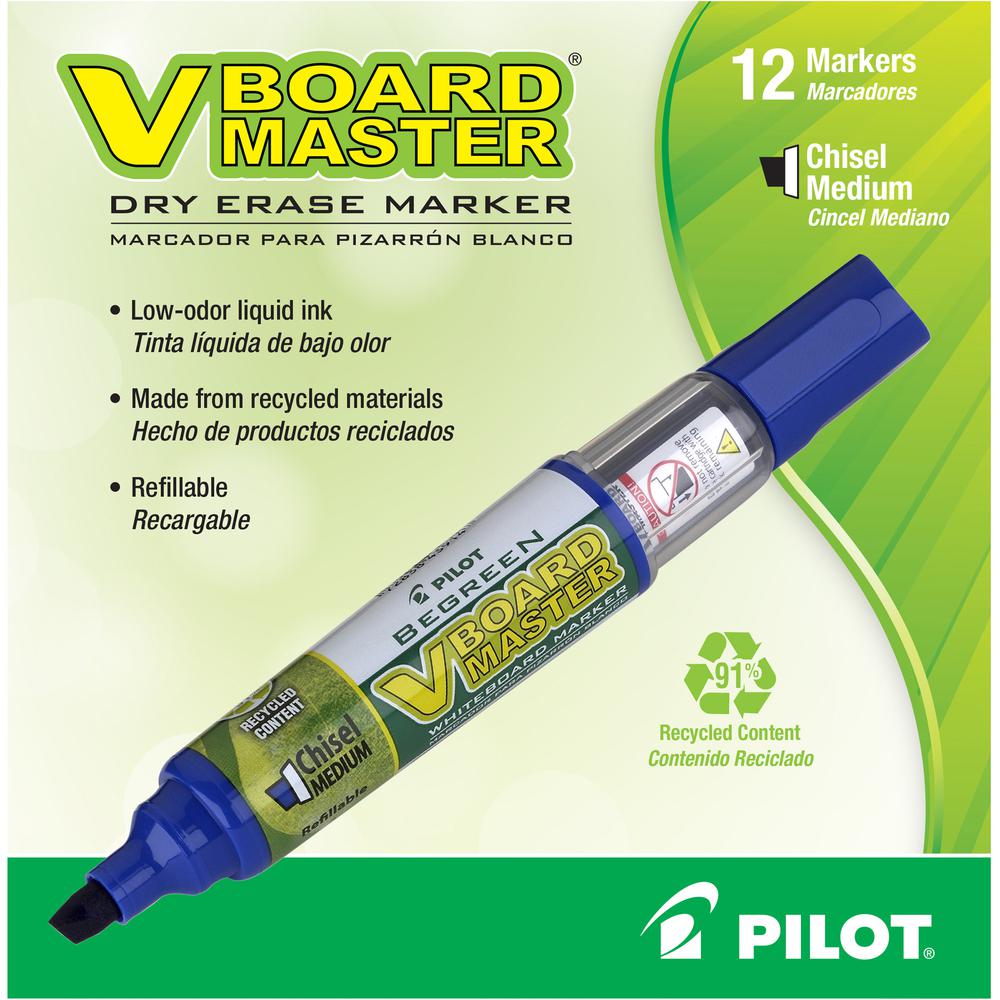 Pilot BeGreen Refillable VBoard Dry-erase Marker - Broad Marker Point - Chisel Marker Point Style - Refillable - Blue - 12 / Box. Picture 2