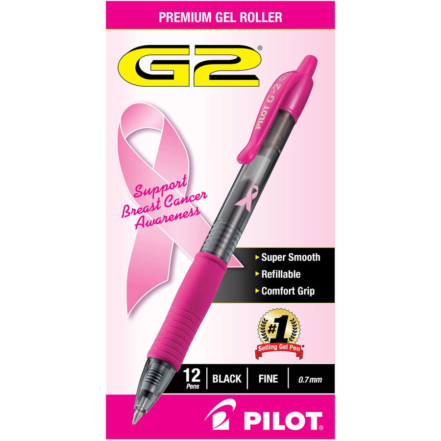 Pilot G2 Breast Cancer Awareness Gel Pen - Fine Pen Point - 0.7 mm Pen Point Size - Refillable - Retractable - Black Gel-based Ink - Pink Barrel - 1 Dozen. Picture 4