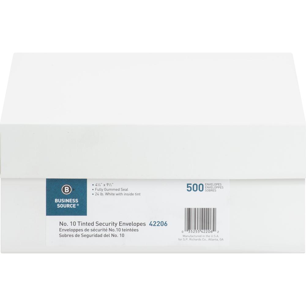 Business Source No.10 Regular Tint Security Envelopes - Security - #10 - 4 1/8" Width x 9 1/2" Length - 24 lb - Gummed - Wove - 500 / Box - White. Picture 3