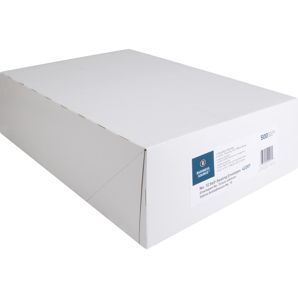 Business Source No.10 Standard Window Invoice Envelopes - Single Window - 9 1/2" Width x 4 1/2" Length - 24 lb - Self-sealing - Poly - 500 / Box - White. Picture 5