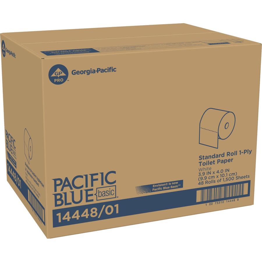 Pacific Blue Basic Standard Roll Toilet Paper - 1 Ply - 3.90" x 4" - 1500 Sheets/Roll - White - 48 / Carton. Picture 3