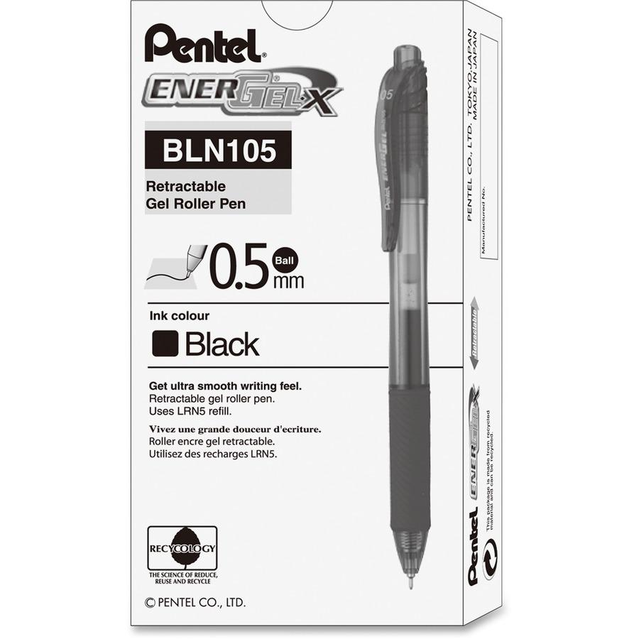 Pentel EnerGel-X Retractable Gel Pens - Fine Pen Point - 0.5 mm Pen Point Size - Needle Pen Point Style - Refillable - Retractable - Black Gel-based Ink - Black Barrel - 1 Dozen. Picture 7