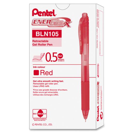 EnerGel EnerGel-X Retractable Gel Pens - Fine Pen Point - 0.5 mm Pen Point Size - Needle Pen Point Style - Refillable - Retractable - Red Gel-based Ink - Red Barrel - 1 Dozen. Picture 3
