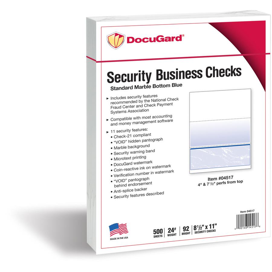 DocuGard Security Business Checks - Letter - 8 1/2" x 11" - 24 lb Basis Weight - Smooth - 500 / Ream - Erasure Protection, Watermarked - Marble Blue. Picture 5