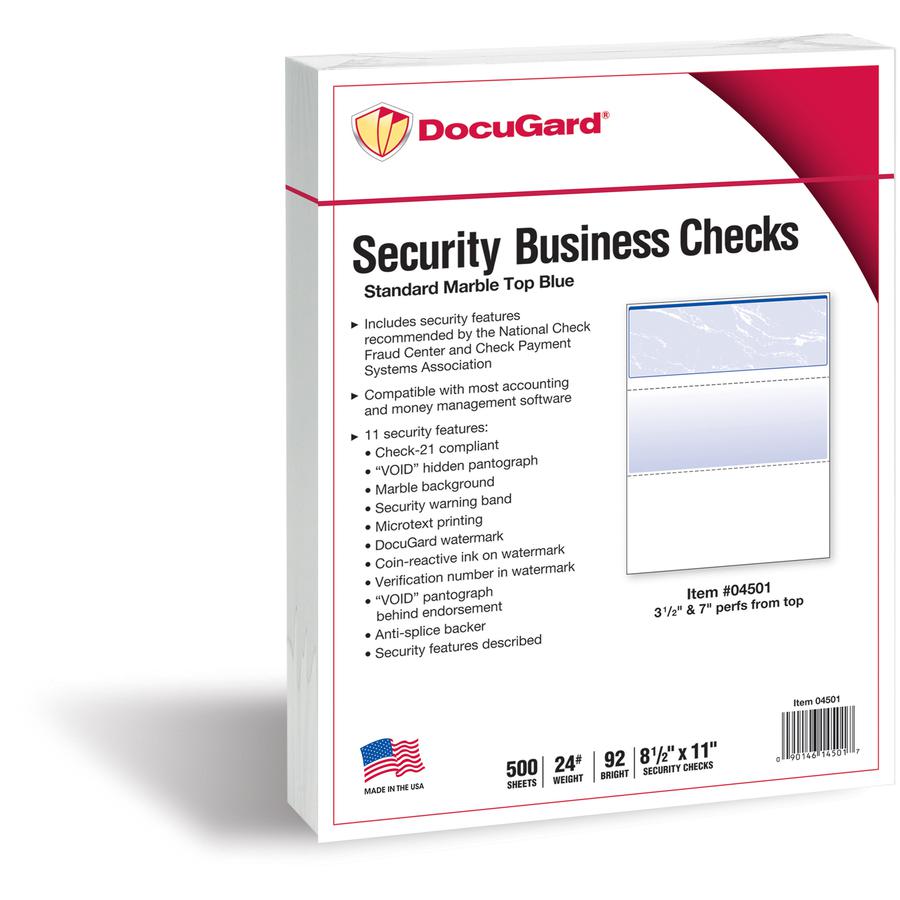 DocuGard Security Business Checks - Letter - 8 1/2" x 11" - 24 lb Basis Weight - Smooth - 500 / Ream - Erasure Protection, Watermarked - Marble Blue. Picture 2