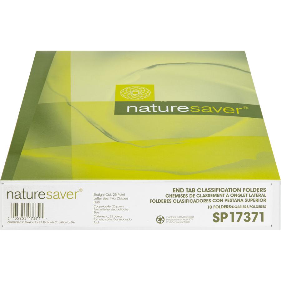 Nature Saver Letter Recycled Classification Folder - 8 1/2" x 11" - End Tab Location - 2 Divider(s) - Fiberboard - Blue - 100% Recycled - 10 / Box. Picture 3