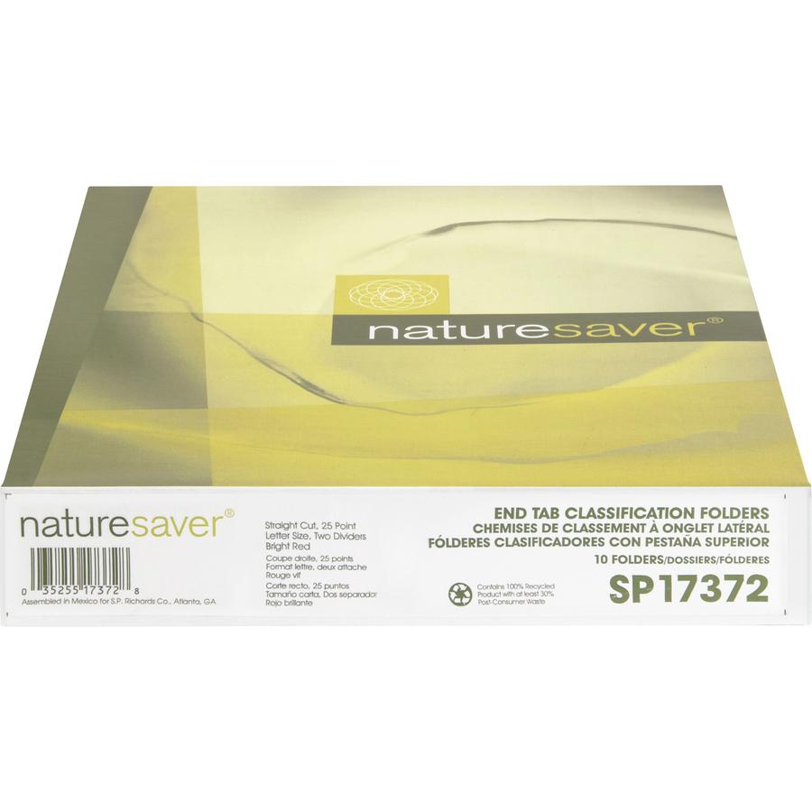 Nature Saver Letter Recycled Classification Folder - 8 1/2" x 11" - End Tab Location - 2 Divider(s) - Fiberboard - Bright Red - 100% Recycled - 10 / Box. Picture 8