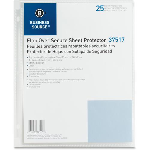 Business Source Secure Flap Top Loading Sht Protectors - 3.1 mil Thickness - For Letter 8 1/2" x 11" Sheet - Ring Binder - Rectangular - Clear - 25 / Pack. Picture 5
