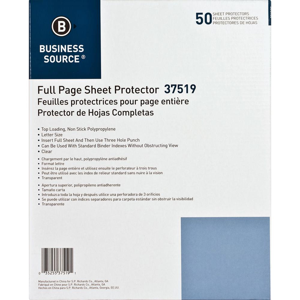 Business Source Full Sheet Top Load Poly Sheet Protectors - 3.1 mil Thickness - For Letter 8 1/2" x 11" Sheet - Rectangular - Clear - Polypropylene - 50 / Box. Picture 5