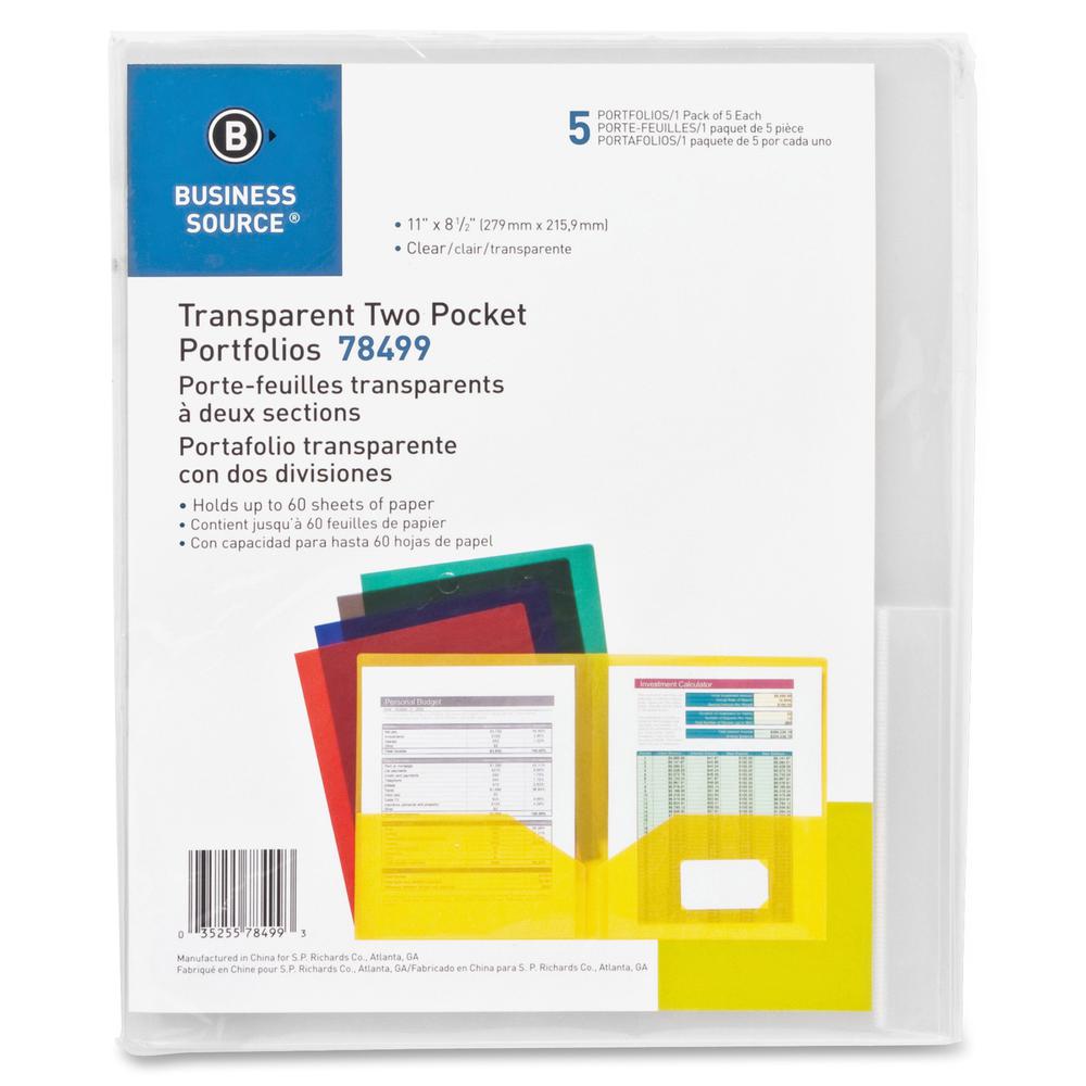 Business Source Letter Pocket Folder - 8 1/2" x 11" - 60 Sheet Capacity - 2 Pocket(s) - Poly - Clear - 5 / Pack. Picture 4