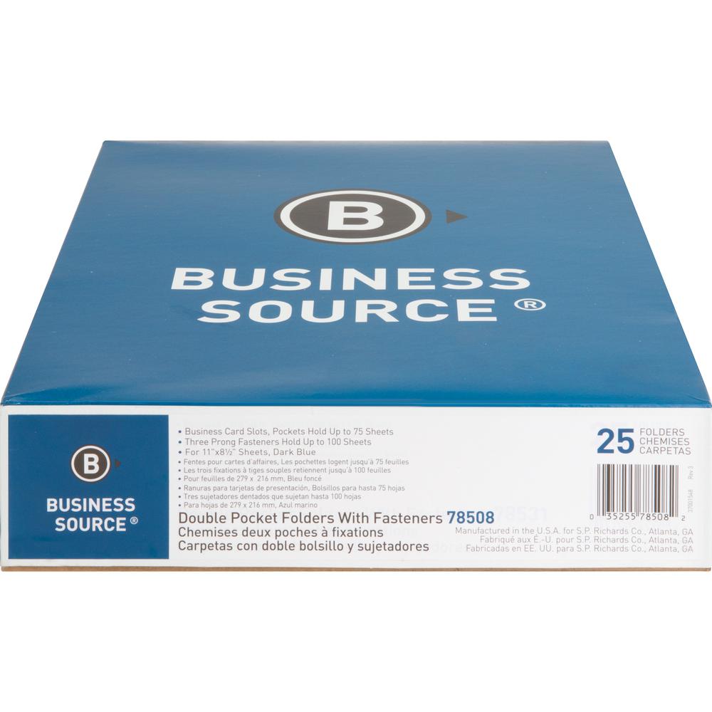 Business Source Letter Recycled Pocket Folder - 8 1/2" x 11" - 100 Sheet Capacity - 3 x Prong Fastener(s) - 1/2" Fastener Capacity - 2 Inside Front & Back Pocket(s) - Leatherette - Dark Blue - 35% Rec. Picture 4
