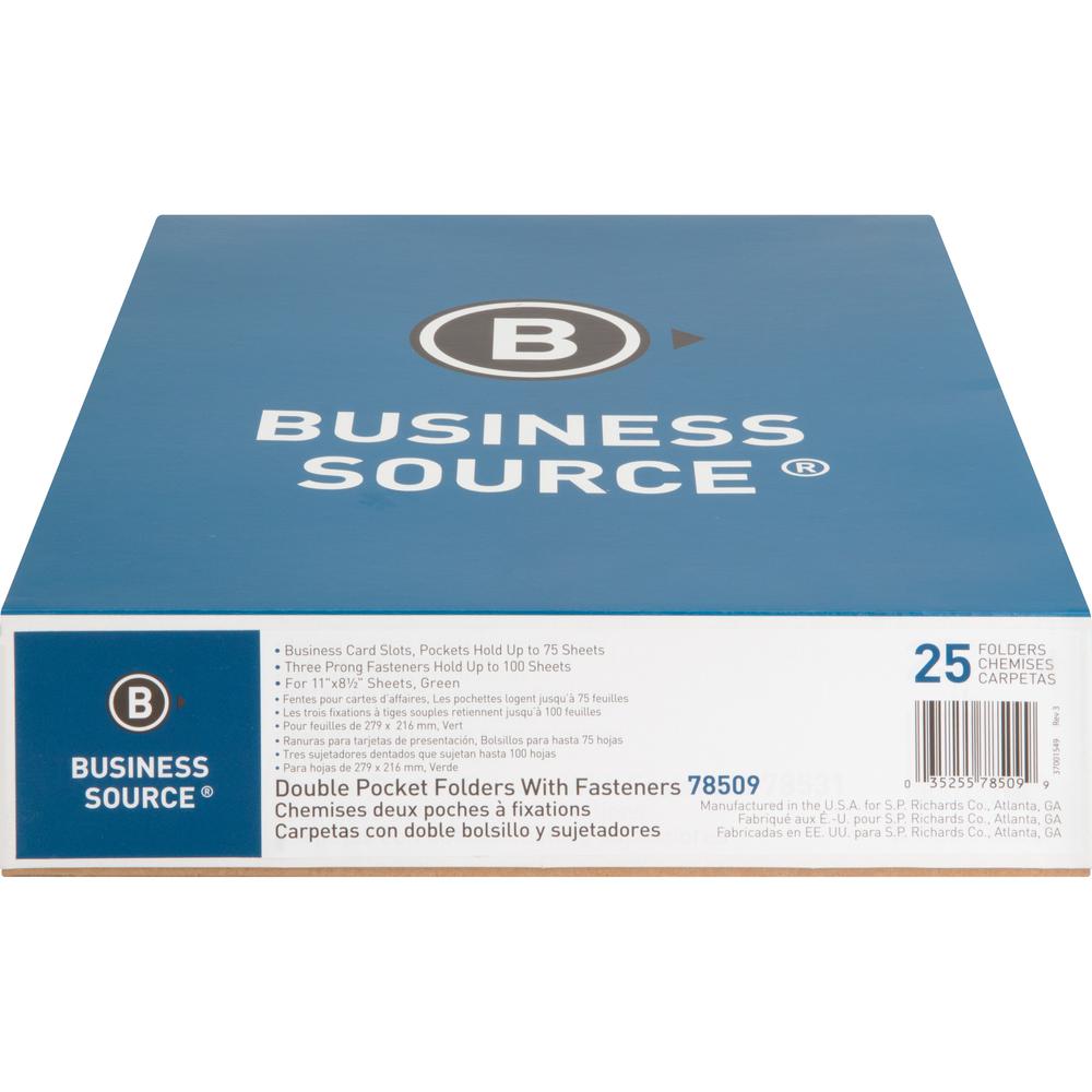 Business Source Letter Recycled Pocket Folder - 8 1/2" x 11" - 100 Sheet Capacity - 3 x Prong Fastener(s) - 1/2" Fastener Capacity - 2 Inside Front & Back Pocket(s) - Leatherette - Green - 35% Recycle. Picture 3