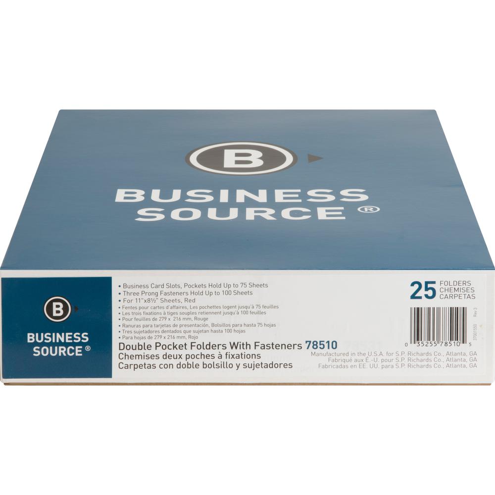 Business Source Letter Recycled Pocket Folder - 8 1/2" x 11" - 100 Sheet Capacity - 3 x Prong Fastener(s) - 1/2" Fastener Capacity - 2 Inside Front & Back Pocket(s) - Leatherette - Red - 35% Recycled . Picture 2