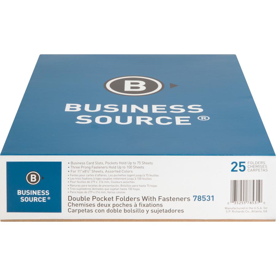 Business Source Letter Recycled Pocket Folder - 8 1/2" x 11" - 100 Sheet Capacity - 3 x Prong Fastener(s) - 2 Inside Front & Back Pocket(s) - Leatherette - Assorted - 35% Recycled - 25 / Box. Picture 3