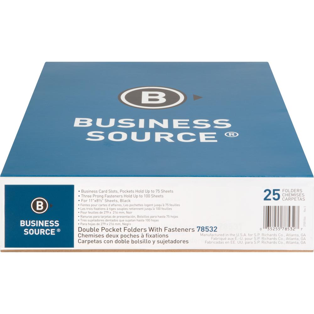 Business Source Letter Recycled Pocket Folder - 8 1/2" x 11" - 100 Sheet Capacity - 3 x Prong Fastener(s) - 2 Inside Front & Back Pocket(s) - Leatherette - Black - 35% Recycled - 25 / Box. Picture 3