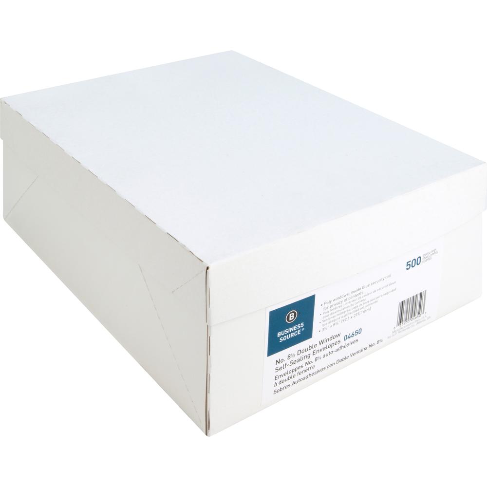 Business Source Double Window No. 8-5/8 Check Envelopes - Double Window - #8 5/8 - 8 5/8" Width x 3 5/8" Length - 24 lb - Self-sealing - 500 / Box - White. Picture 4