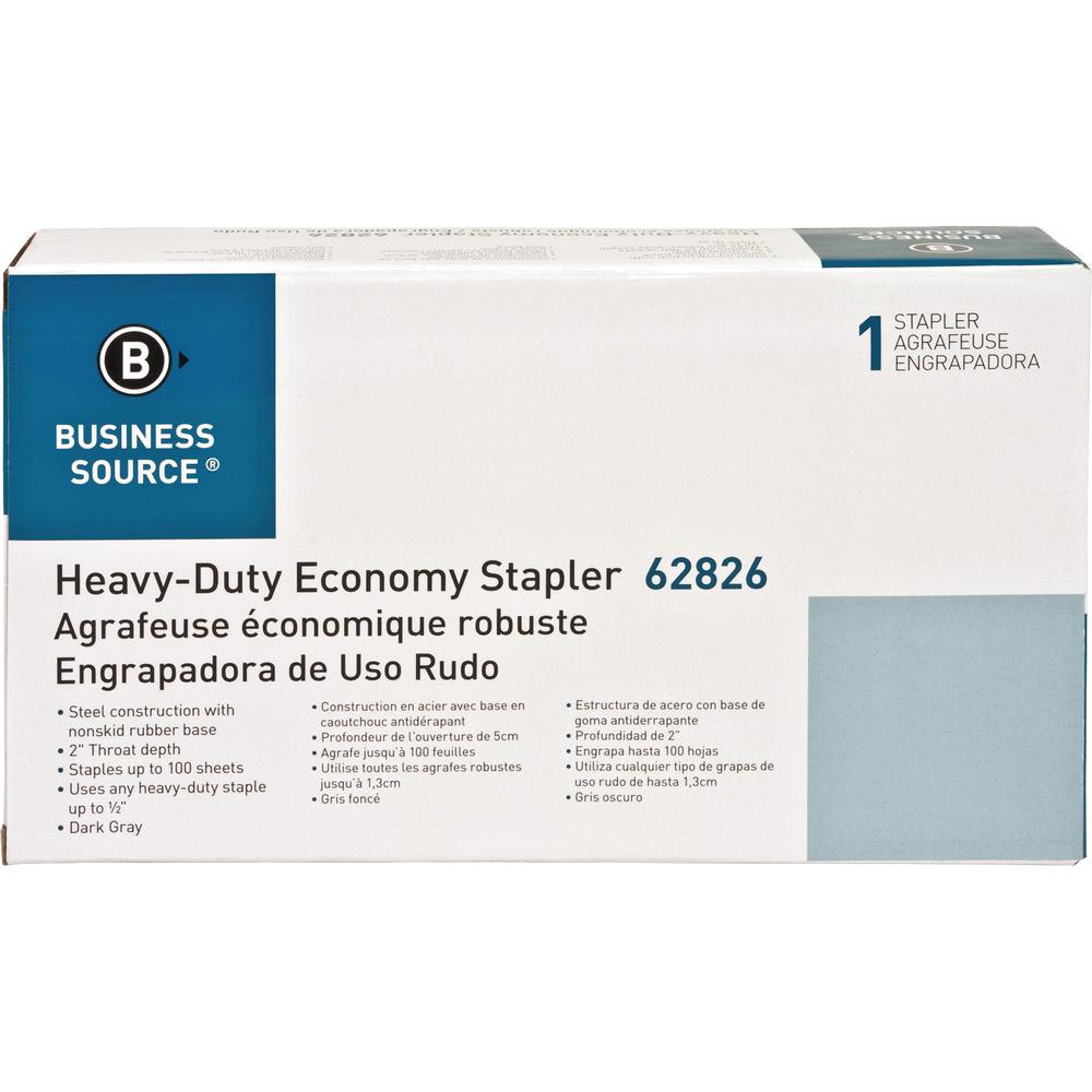 Business Source Economy Heavy-duty Stapler - 100 Sheets Capacity - 1/2" Staple Size - 1 Each - Black, Putty. Picture 8