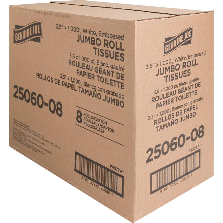 Genuine Joe Jumbo Dispenser Roll Bath Tissue - 2 Ply - 3.50" x 1000 ft - 9" Roll Diameter - 3.30" Core - White - 8 / Carton. Picture 9