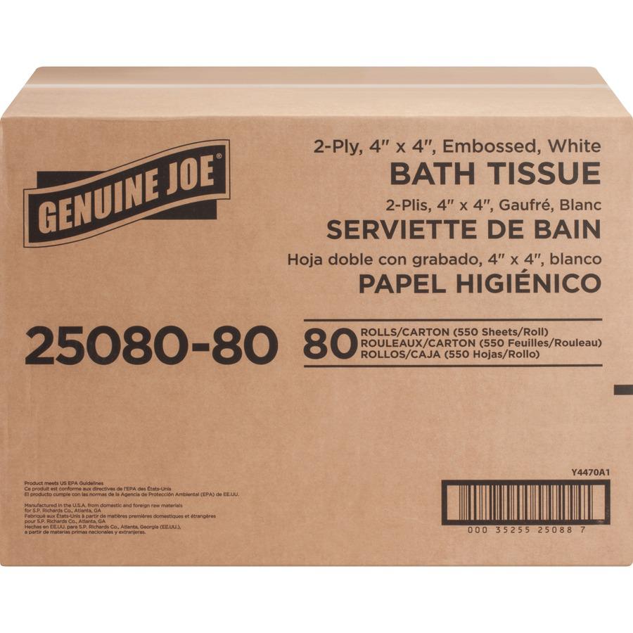 Genuine Joe Embossed Roll Bath Tissue - 2 Ply - 4" x 4" - 550 Sheets/Roll - 1.63" Core - White - 80 / Carton. Picture 9