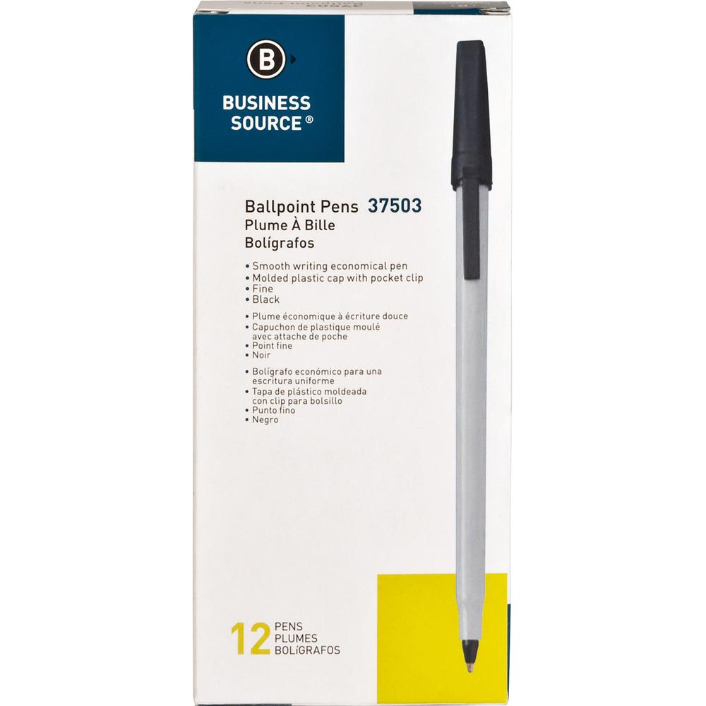 Business Source Fine Point Ballpoint Stick Pens - Fine Pen Point - Black - Light Gray Barrel - Stainless Steel Tip - 1 Dozen. Picture 2