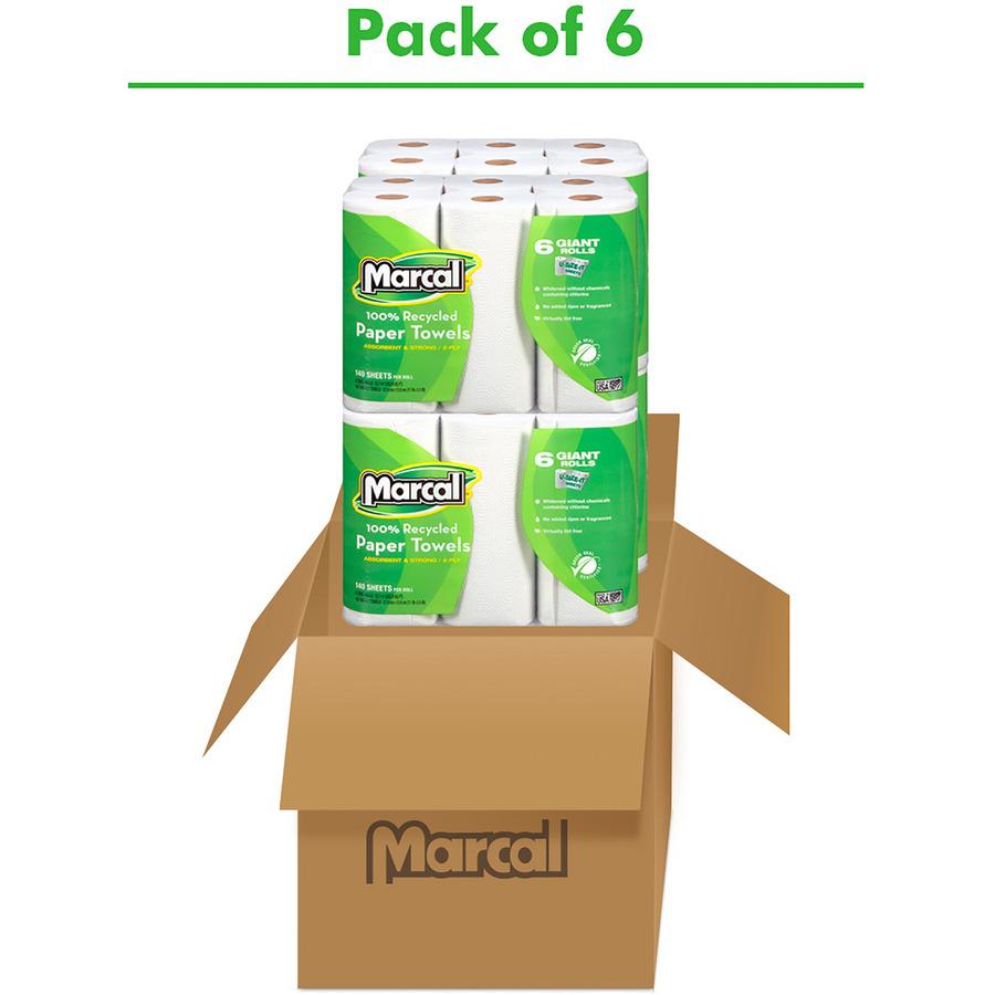 Marcal 100% Recycled Giant Roll Paper Towels - 2 Ply - 140 Sheets/Roll - White - Perforated, Dye-free, Fragrance-free, Strong, Lint-free, Absorbent - 6 Rolls Per Container - 6 / Pack. Picture 4