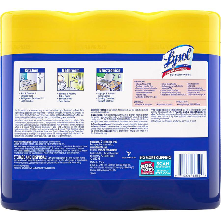 Lysol Disinfecting Wipes 3-pack - Lemon Scent - 35 / Canister - 3 / Pack - Disinfectant, Antibacterial - White. Picture 6