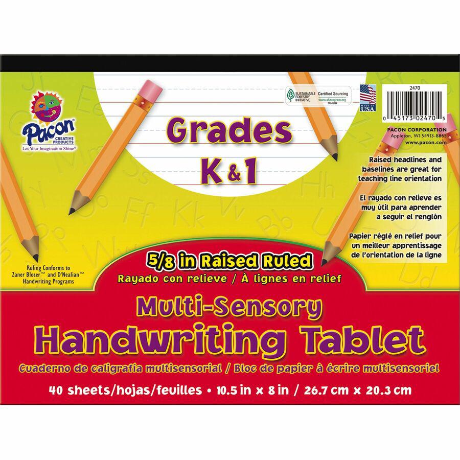Pacon Grades K-1 Multi-sensory Handwriting Tablet - 10.5" x 8" - Wide Rule - 40 Sheets/Tablet - White. Picture 6