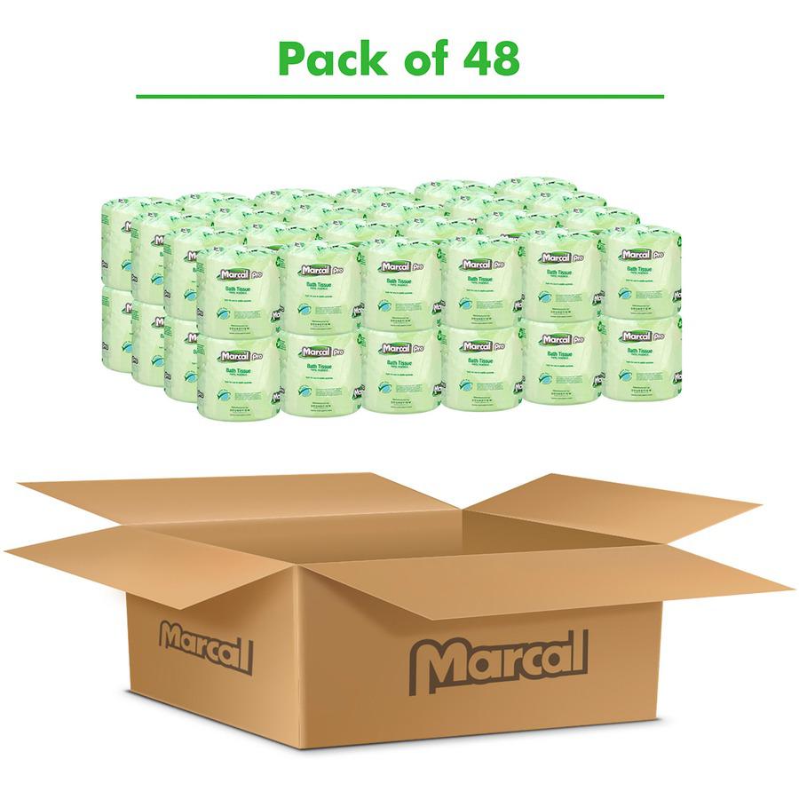 Marcal Pro 100% Recycled Bathroom Tissue - 2 Ply - 4" x 4" - 500 Sheets/Roll - White - 48 / Carton. Picture 2