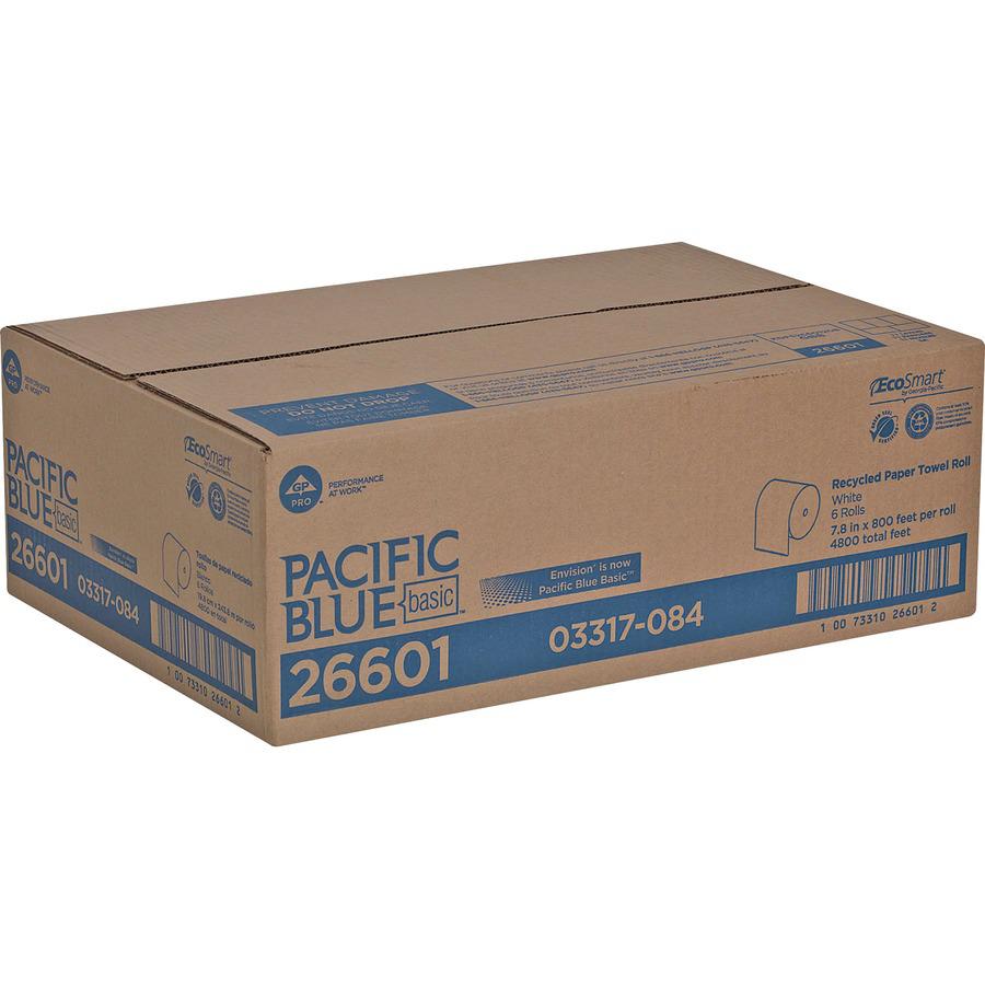 Pacific Blue Basic Recycled Paper Towel Roll - 1 Ply - 7.88" x 800 ft - White - Absorbent, Chlorine-free, Nonperforated - For Multipurpose - 6 / Carton. Picture 3