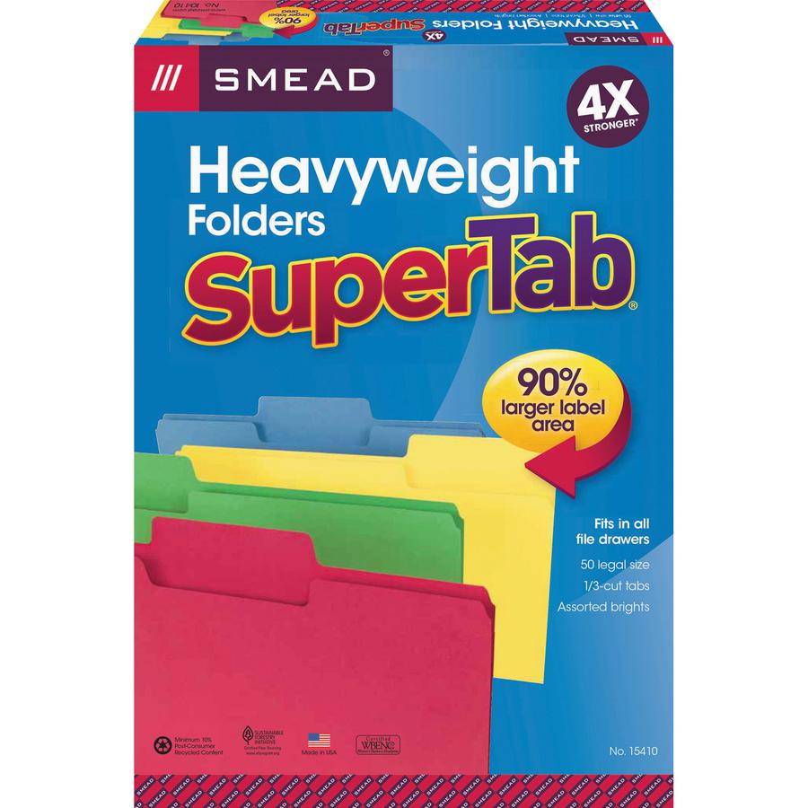 Smead SuperTab 1/3 Tab Cut Legal Recycled Top Tab File Folder - 8 1/2" x 14" - 3/4" Expansion - Top Tab Location - Assorted Position Tab Position - Blue, Red, Green, Yellow - 10% Recycled - 50 / Box. Picture 9
