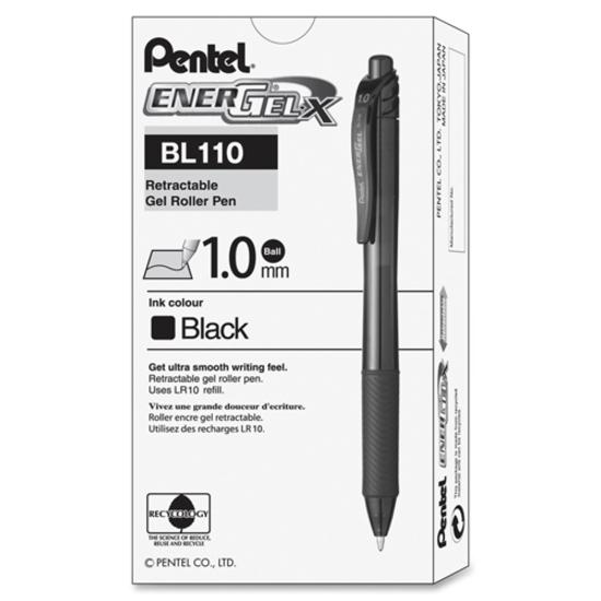 EnerGel EnerGel-X Retractable Gel Pens - Bold Pen Point - 1 mm Pen Point Size - Refillable - Retractable - Black Gel-based Ink - Black Barrel - Metal Tip - 12 / Box. Picture 3