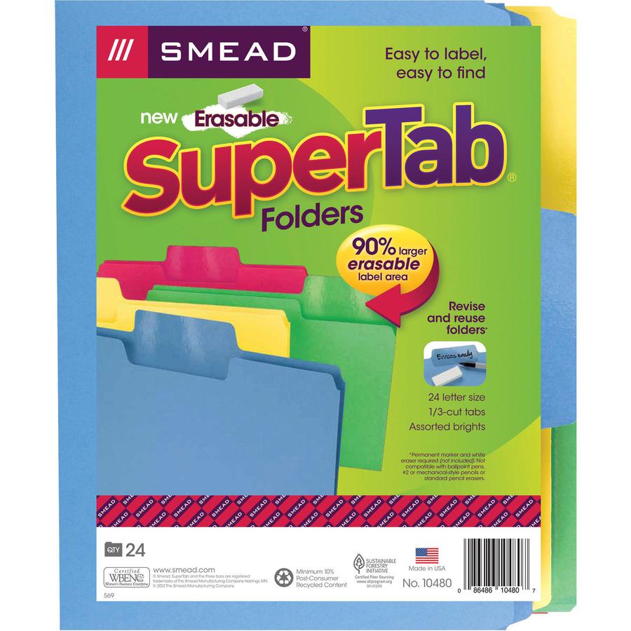Smead SuperTab 1/3 Tab Cut Letter Recycled Top Tab File Folder - 8 1/2" x 11" - Top Tab Location - Assorted Position Tab Position - Blue, Red, Green, Yellow - 10% Paper Recycled - 24 / Pack. Picture 11
