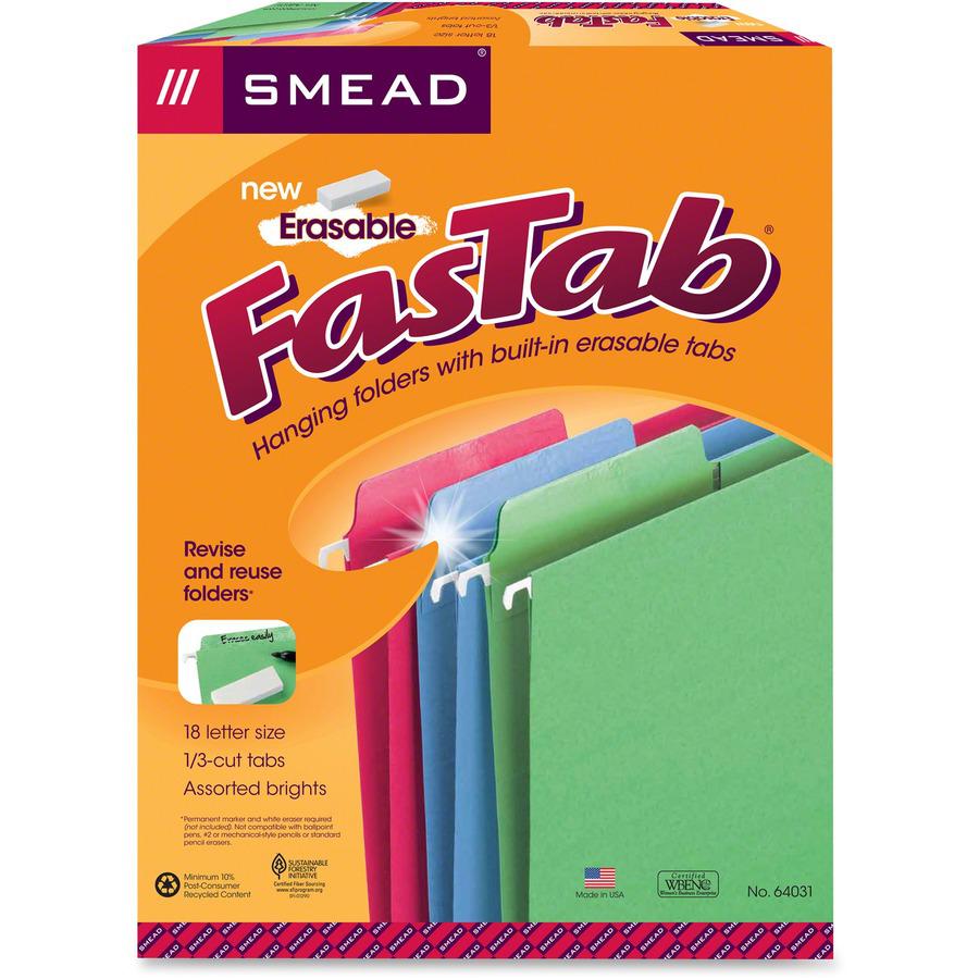 Smead FasTab 1/3 Tab Cut Letter Recycled Hanging Folder - 8 1/2" x 11" - Top Tab Location - Assorted Position Tab Position - Blue, Green, Red - 10% Paper Recycled - 18 / Box. Picture 10